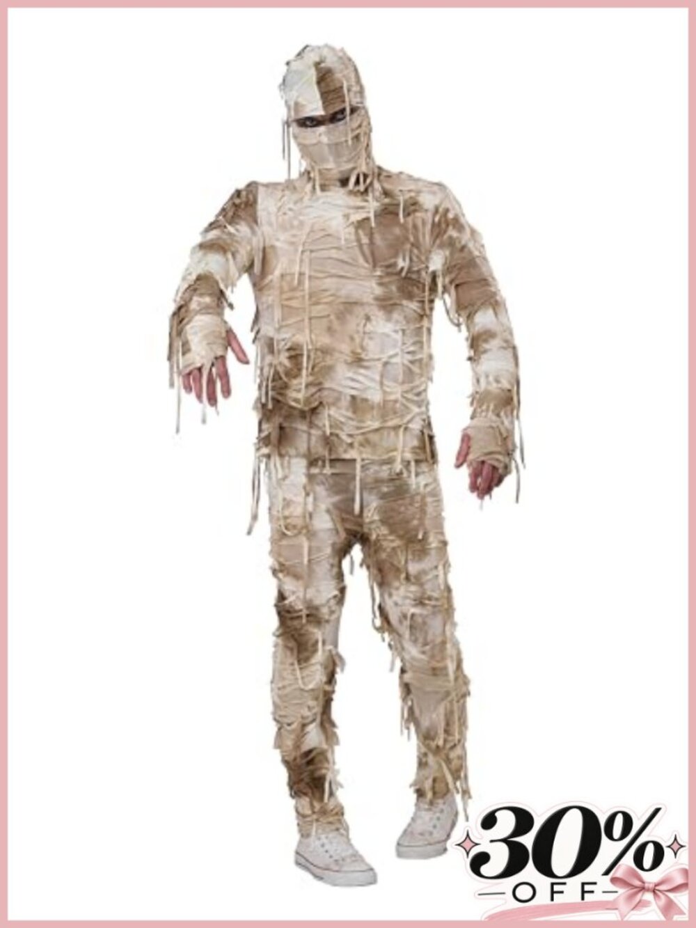 Men's Mummy Man Halloween Costume Shirt Pants Hood Tattered Strips